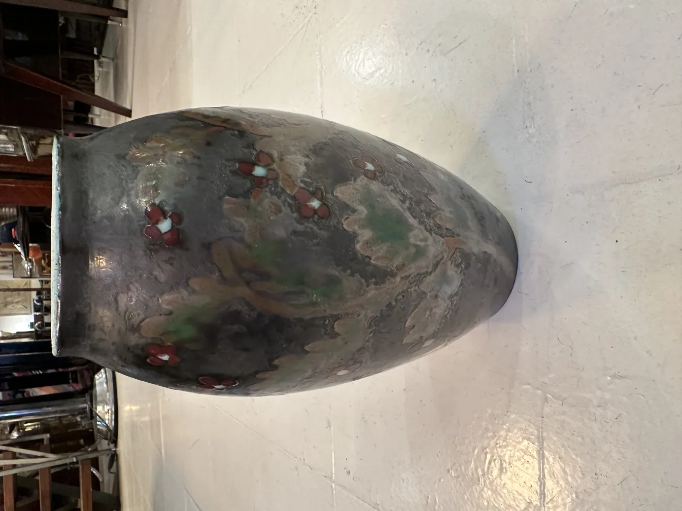 antique decorative ceramic with red and green flowers, unique piece