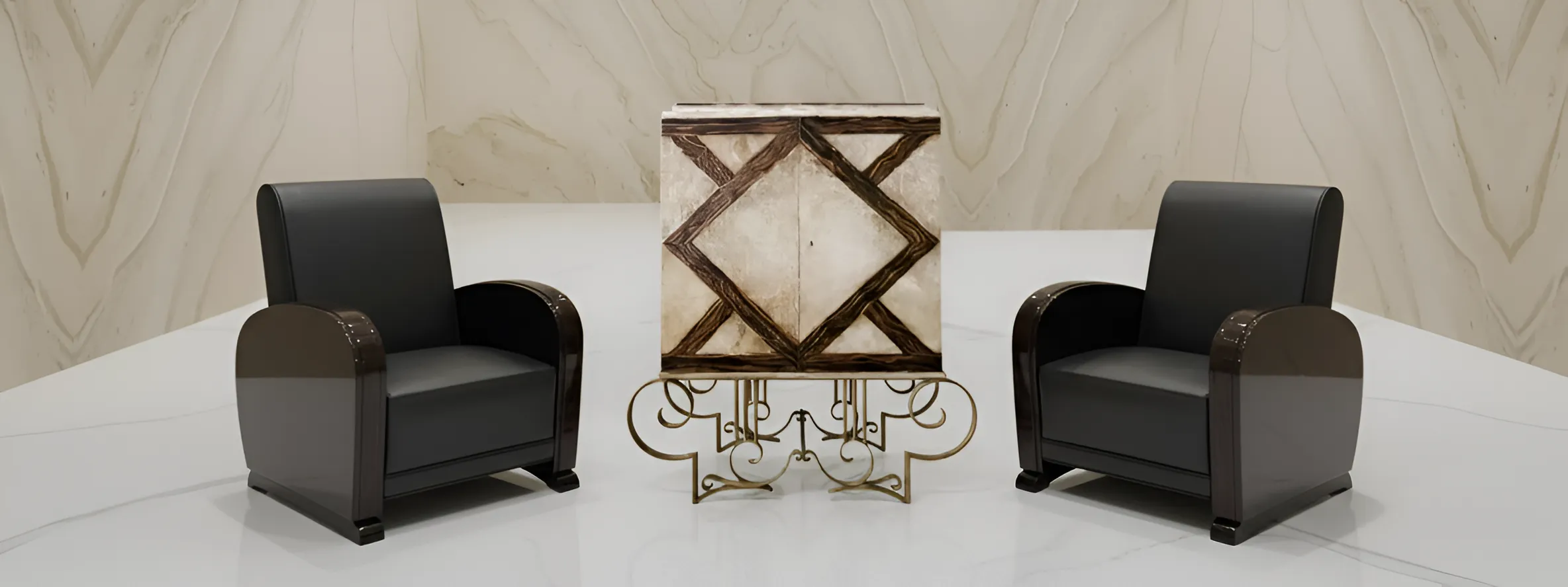 Mesa carrito de bar moderna en un ambiente elegante con sillones negros