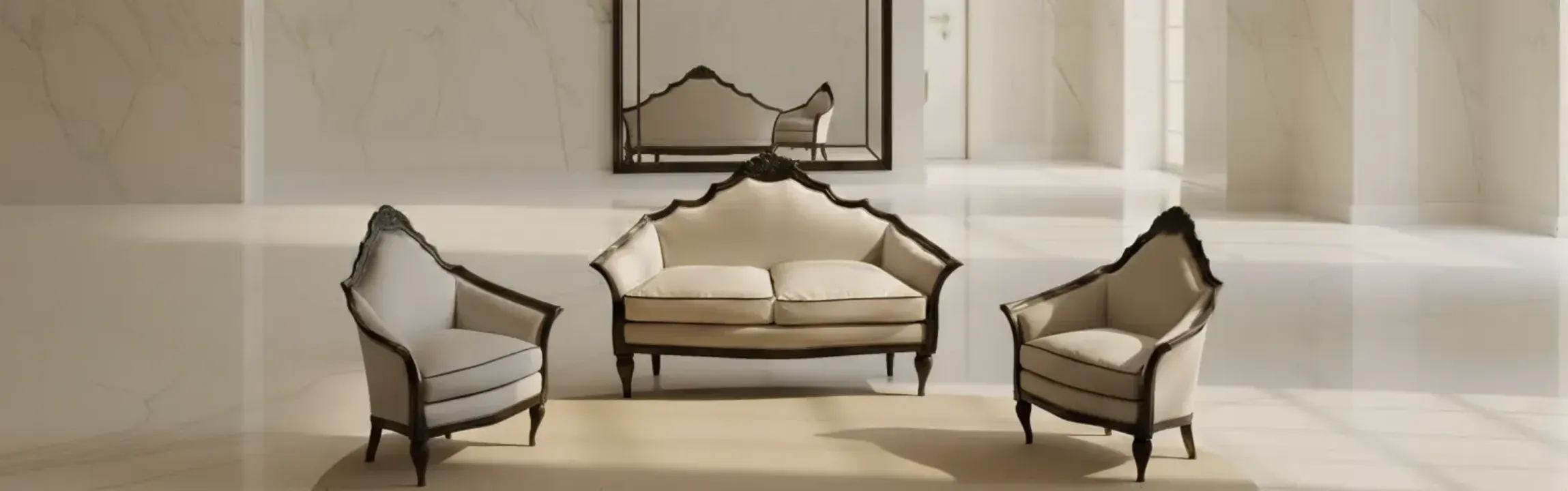 Conjunto de sillones y sofá antiguo en un ambiente minimalista claro.