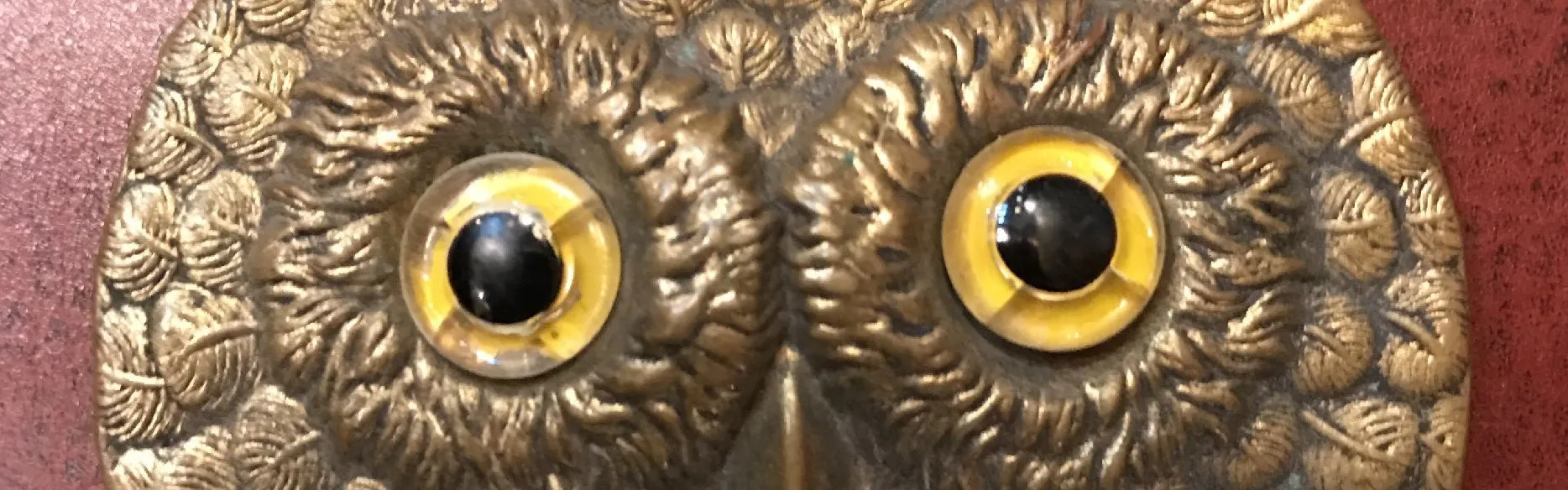 Tête de hibou en relief avec des yeux jaunes.
