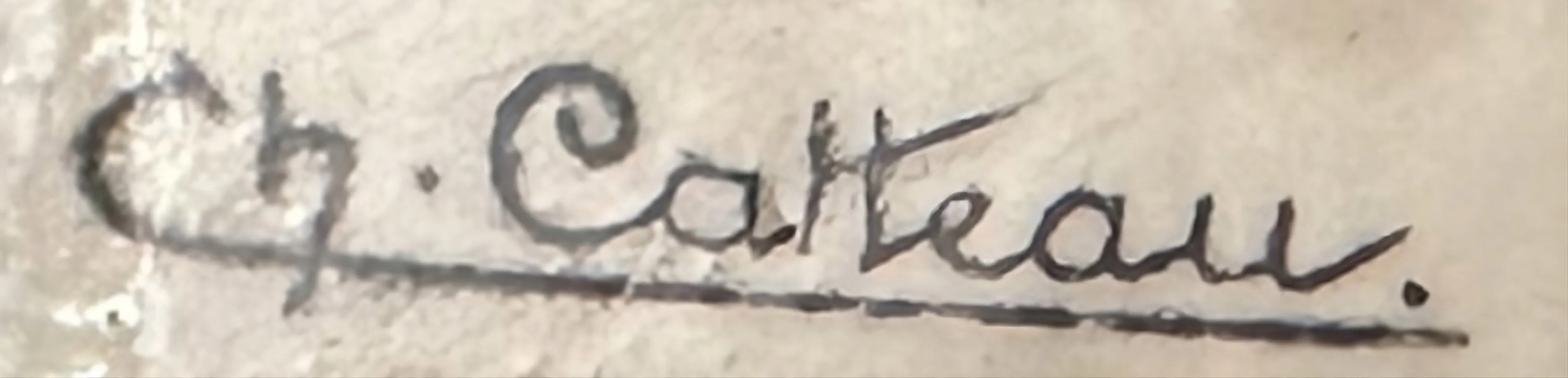 प्राचीन मुद्रण पर एक तटस्थ पृष्ठभूमि में Ch. Catteau का हस्ताक्षर