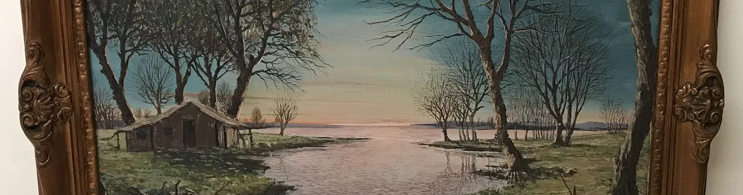 Antico dipinto di paesaggio fluviale con alberi al tramonto