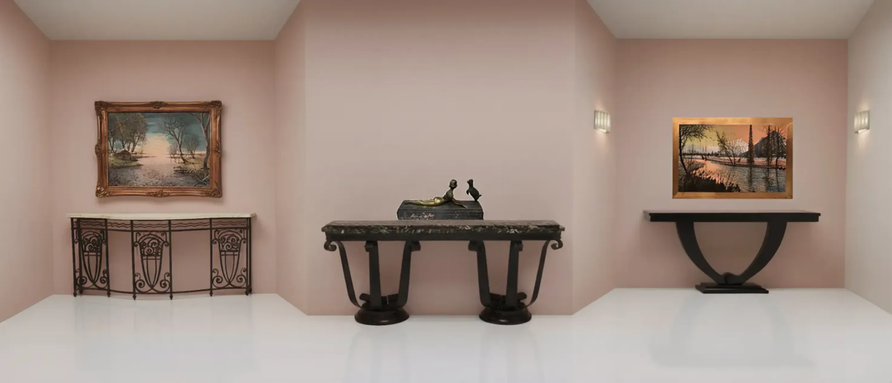 Consolle antiche con dettagli eleganti in una stanza rosa.