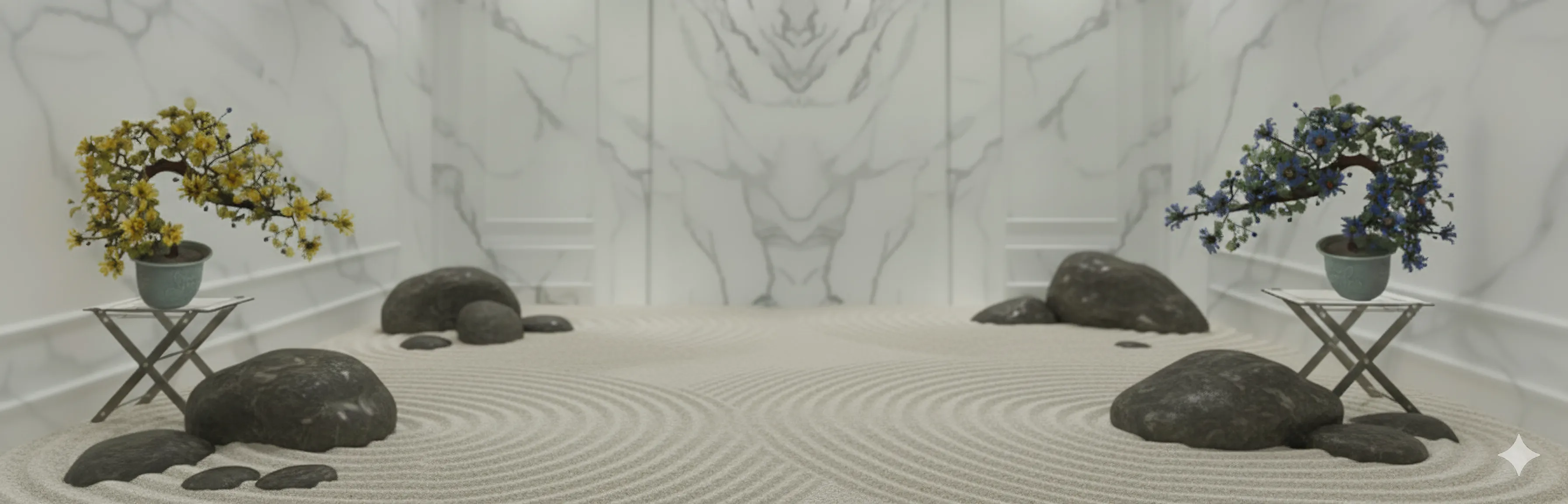 Due bonsai in vasi decorativi, circondati da pietre sulla sabbia. Stile minimalista.