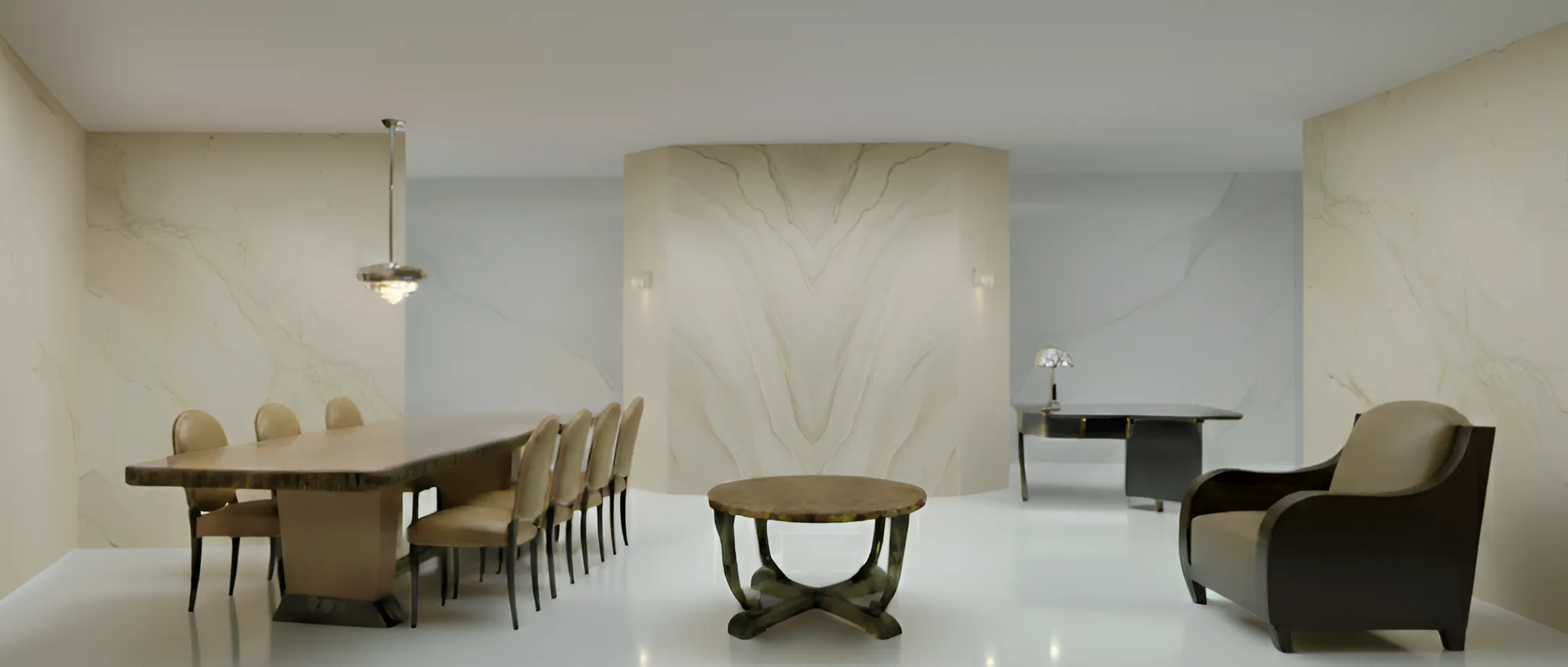 Tavolo da pranzo moderno con sedie antiche in un ambiente elegante.