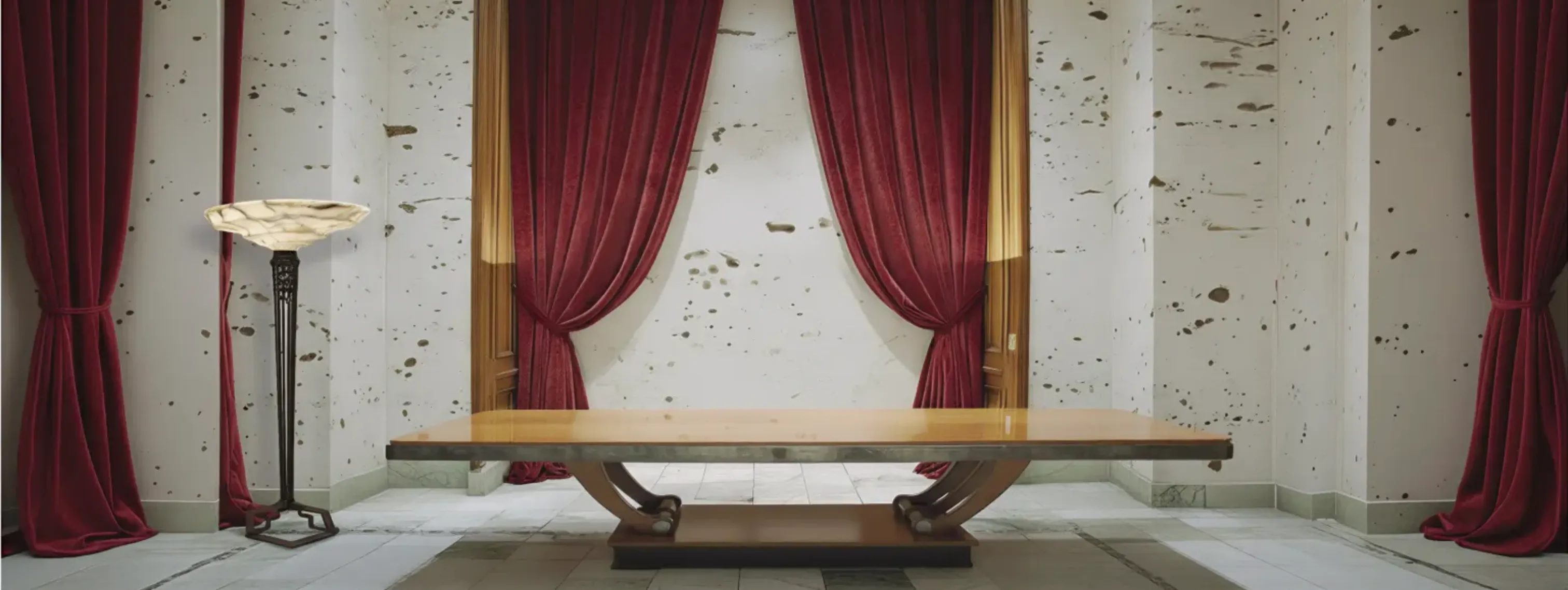 モダンなダイニングテーブルとアールヌーヴォーのデザイン、赤いカーテン付き。