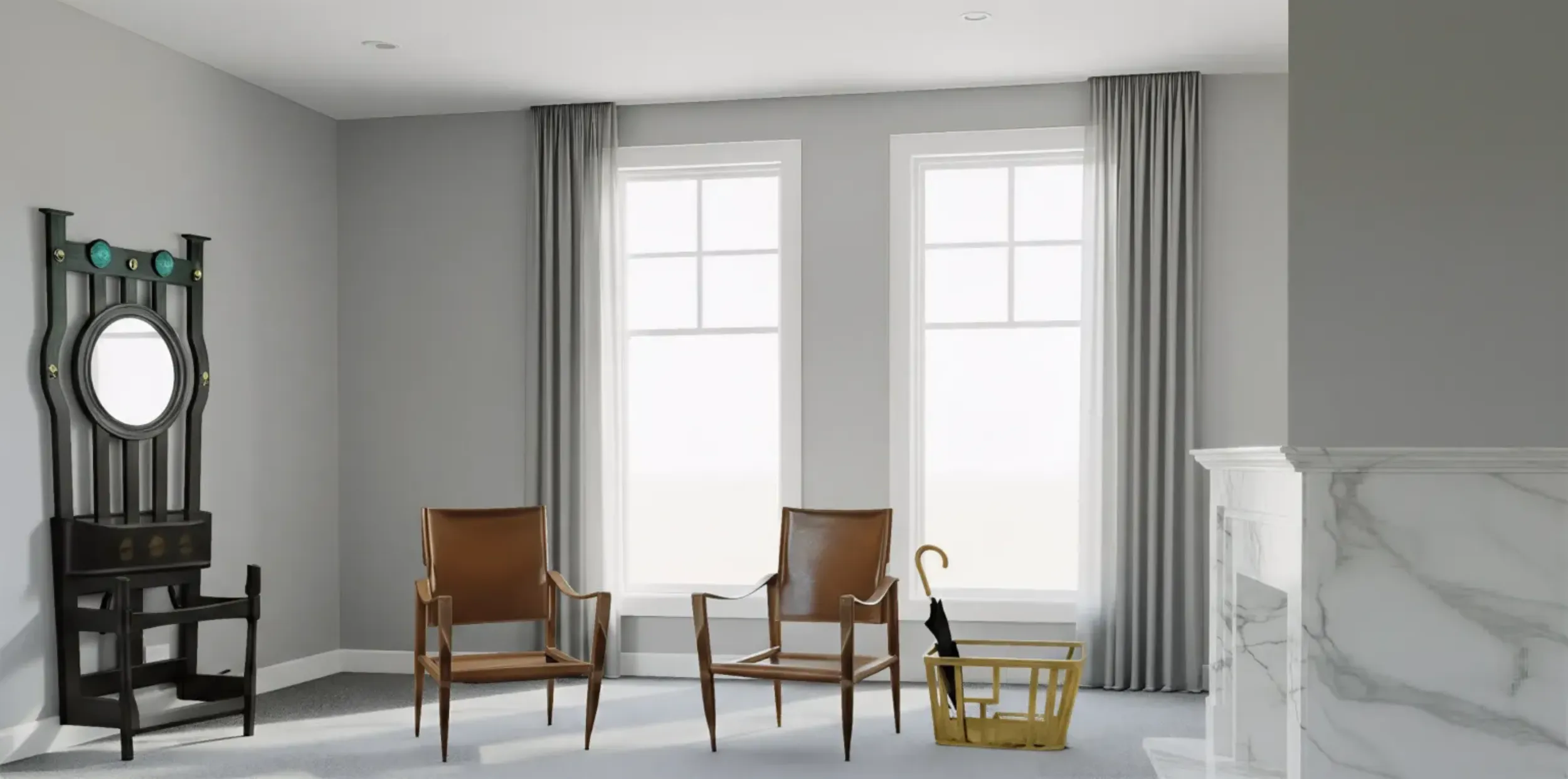 Античная настенная вешалка для одежды с зеркалом и декоративной подставкой для зонтов.